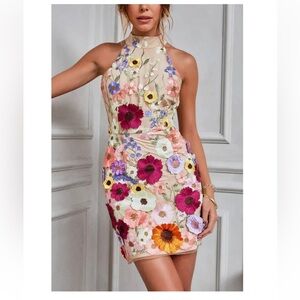 Floral Applique Halter Mini Dress